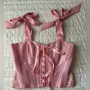 LoveShackFancy Azina Lace Front Tie Shoulder Bustier Top - Ballerina Pink